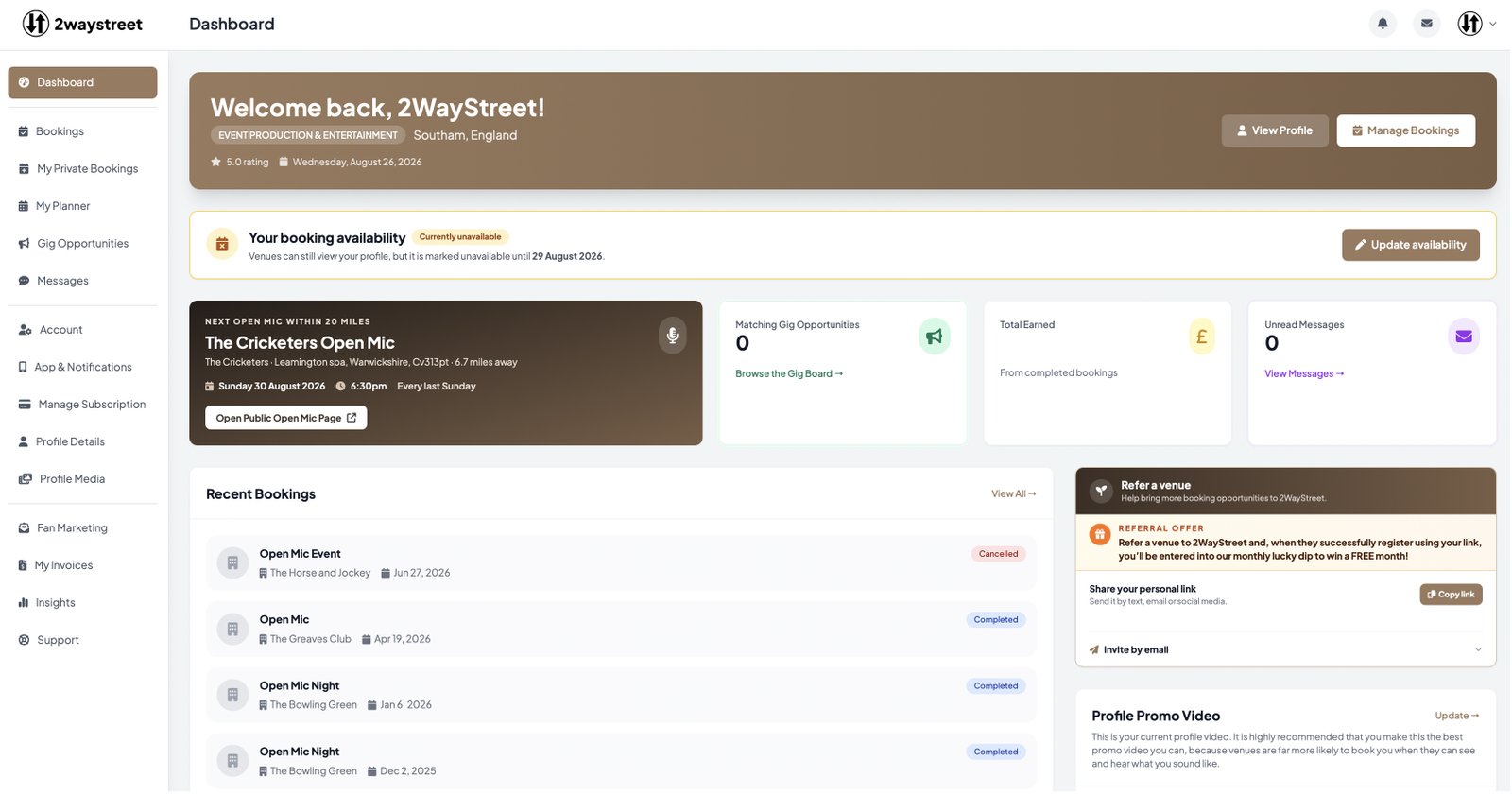 Artist desktop dashboard